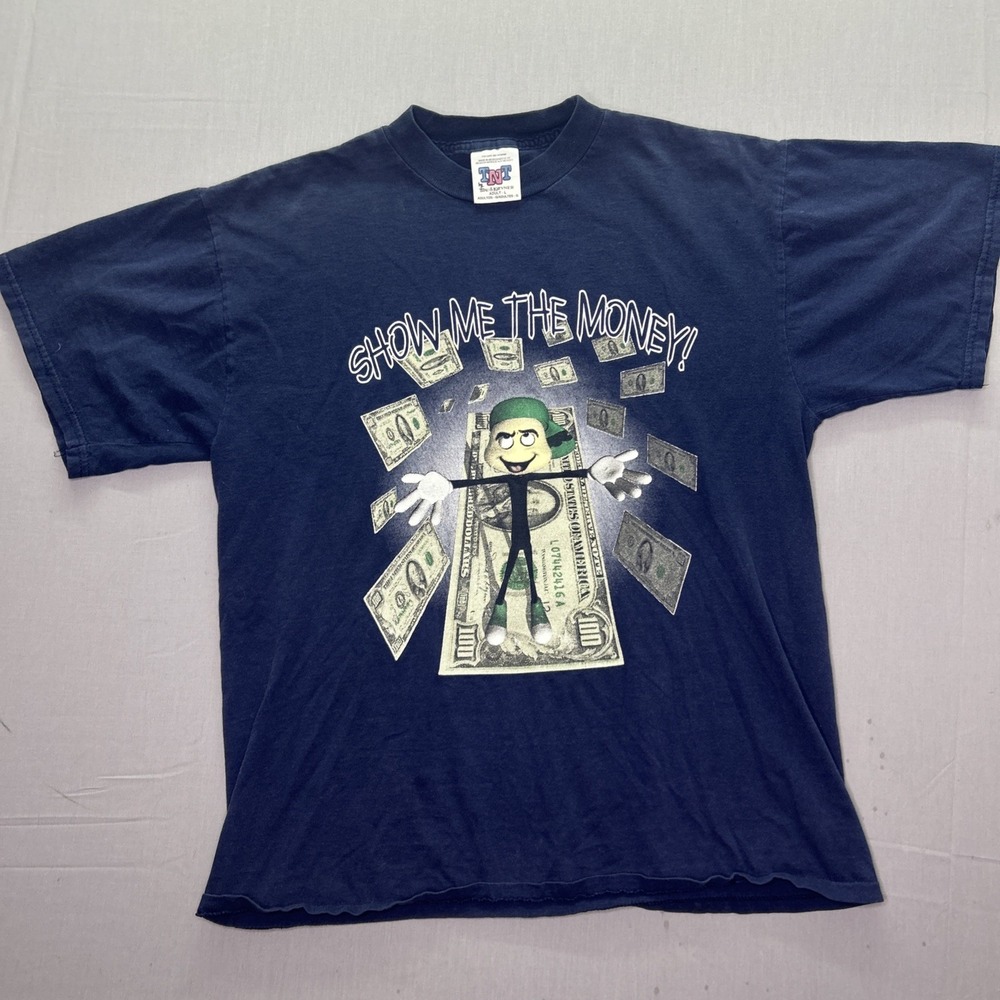 Show Me The Money Tank Vtg Y2K Graphic T Shirt TNT Trau Loevner Blue Large